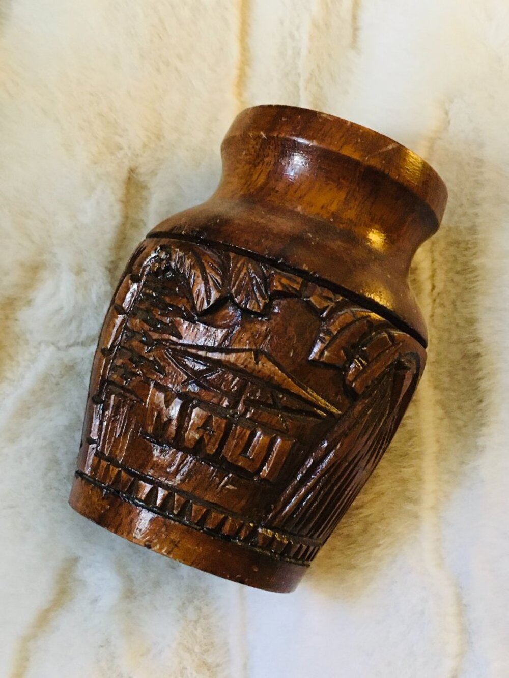 Vintage 70s Maui Hawaii Hand Carved Wood Vase Tiki